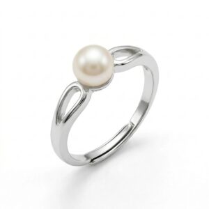 Silver-toned adjustable ring with a round white freshwater pearl and open teardrop detail - Pure Pearls