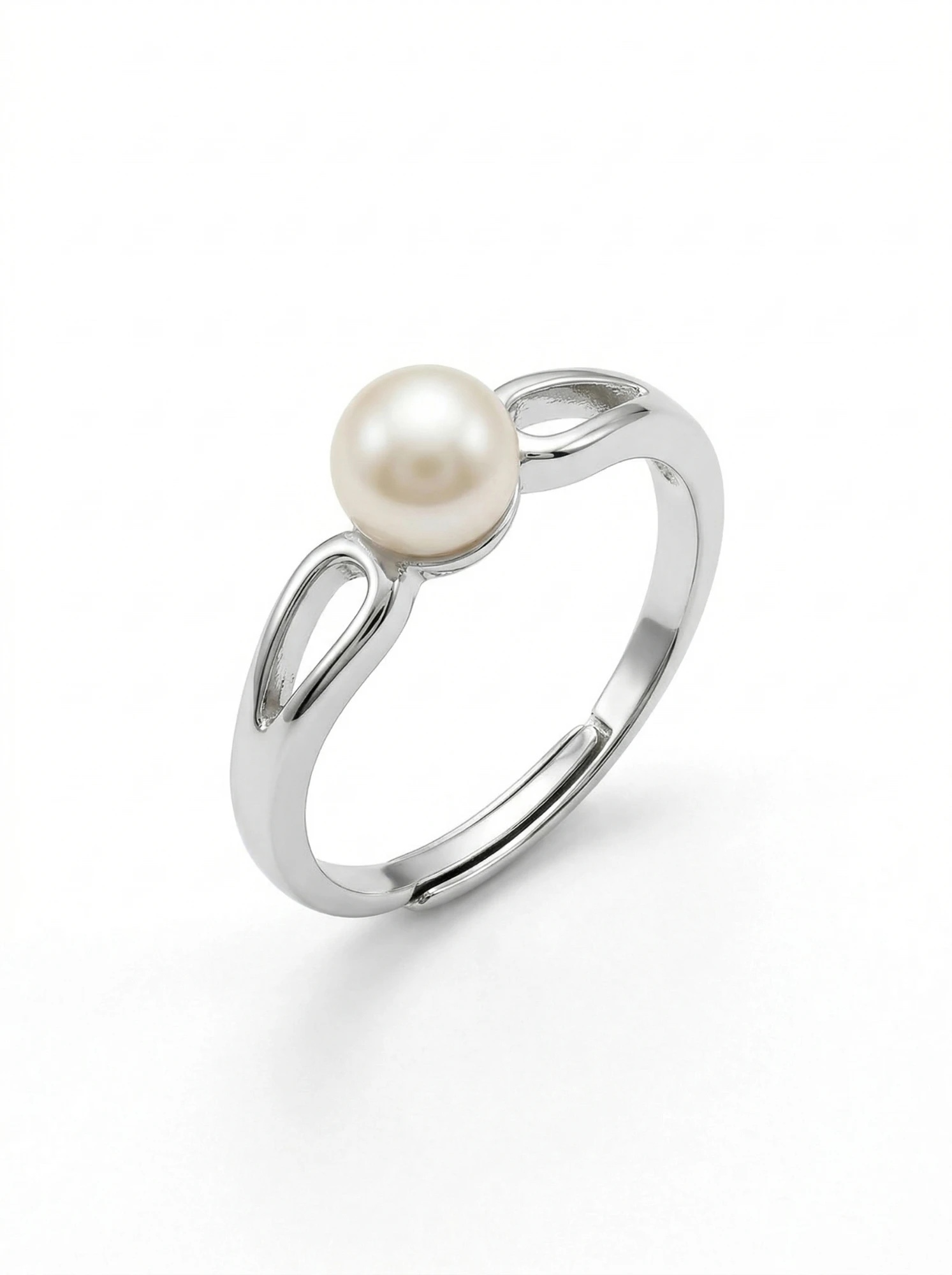 Silver-toned adjustable ring with a round white freshwater pearl and open teardrop detail - Pure Pearls