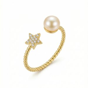 Gold-toned adjustable ring with a white freshwater pearl and a pave American diamond (CZ) star on a twisted rope band - Pure Pearls