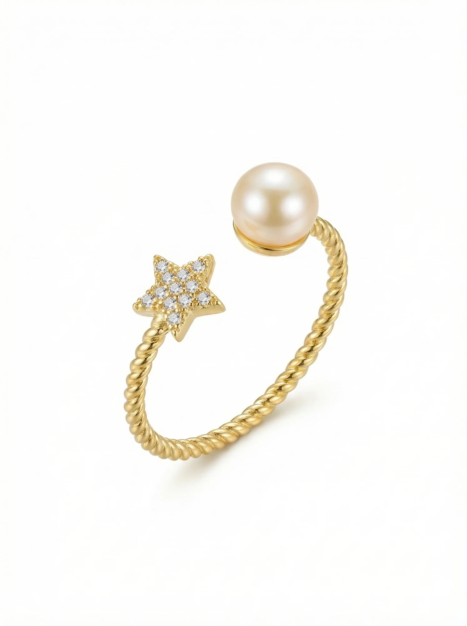 Gold-toned adjustable ring with a white freshwater pearl and a pave American diamond (CZ) star on a twisted rope band - Pure Pearls