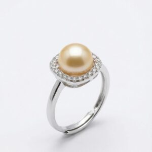Silver-toned adjustable ring with a peach freshwater pearl in a cushion halo of American diamonds (CZ) - Pure Pearls