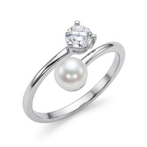 Silver-toned adjustable crossover ring with a white freshwater pearl and a prong-set American diamond (CZ) - Pure Pearls