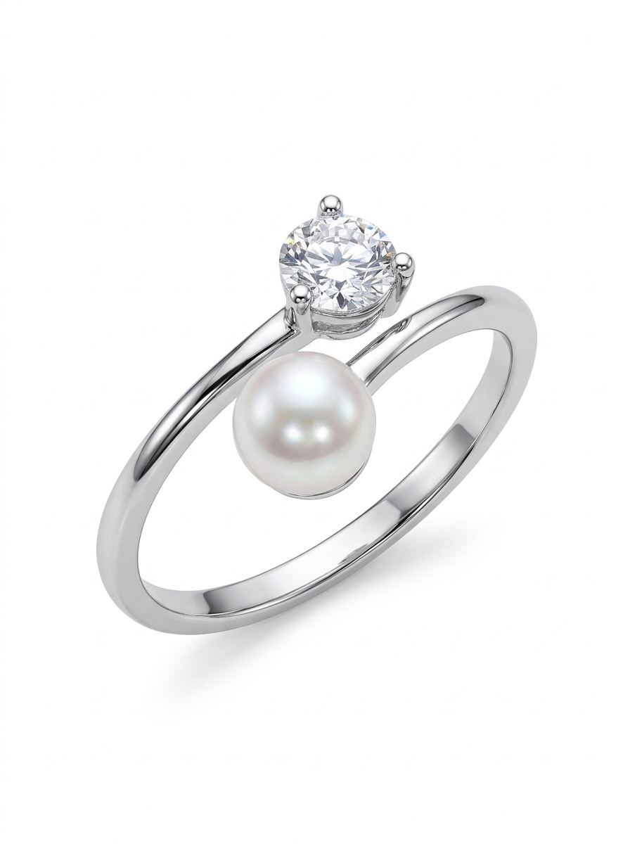 Silver-toned adjustable crossover ring with a white freshwater pearl and a prong-set American diamond (CZ) - Pure Pearls